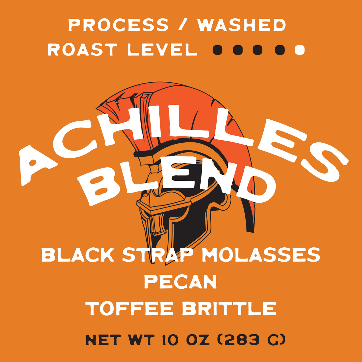 Achilles Blend coffee label showing roast details, tasting notes and 10 oz net weight